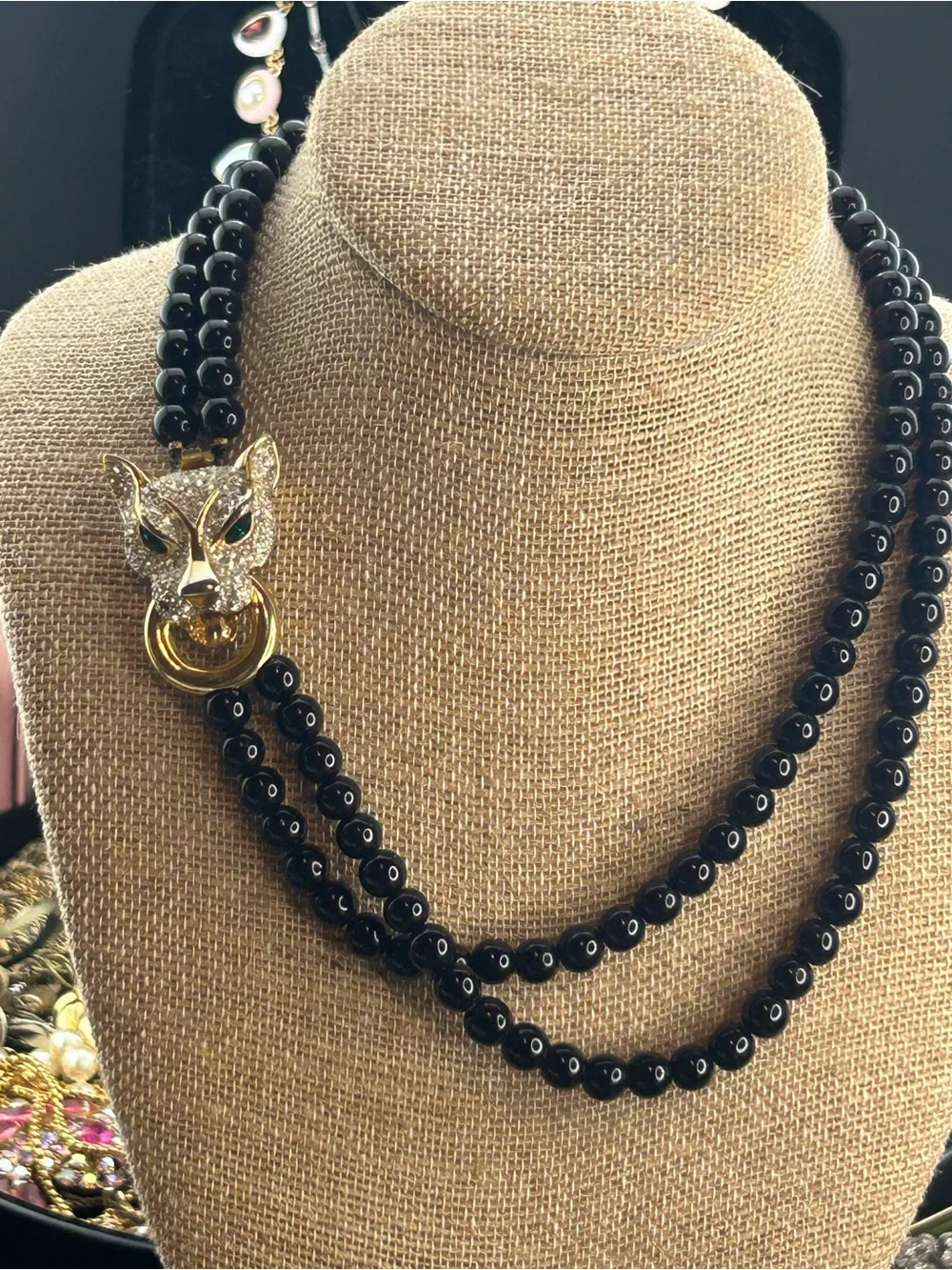 Vintage Rhinestone Green Eyes Panther with Black Beaded Double-Strand Necklace